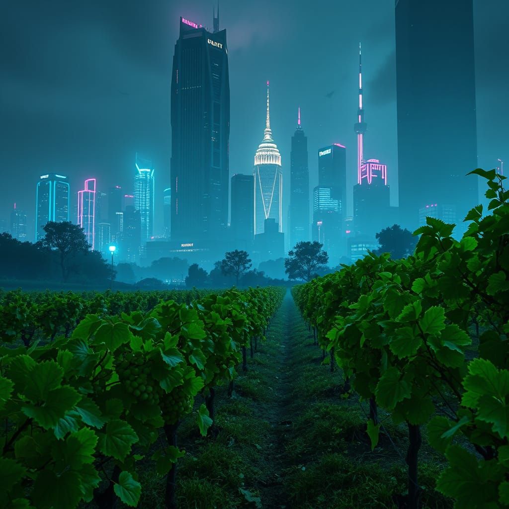 Cyberpunk Vineyard Under Neon Skies