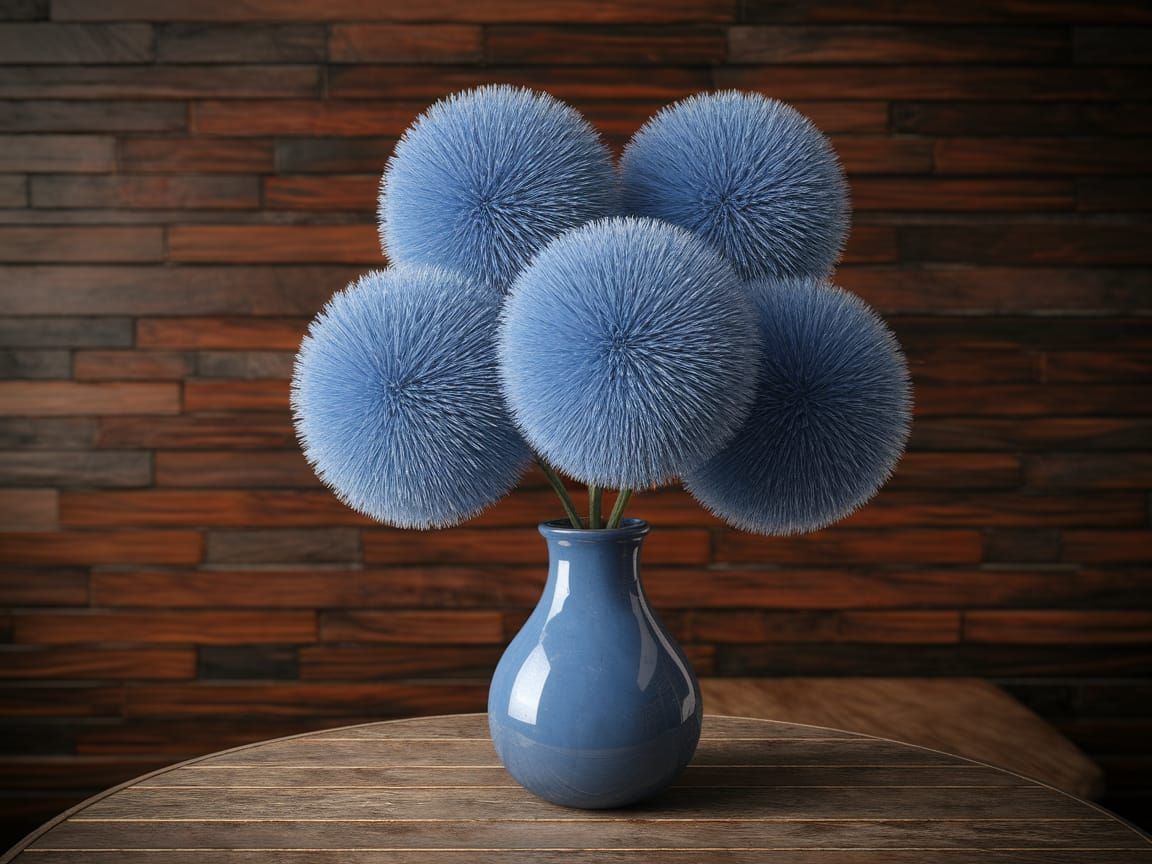Blue Vase with Fluffy Faux Fur Flowers