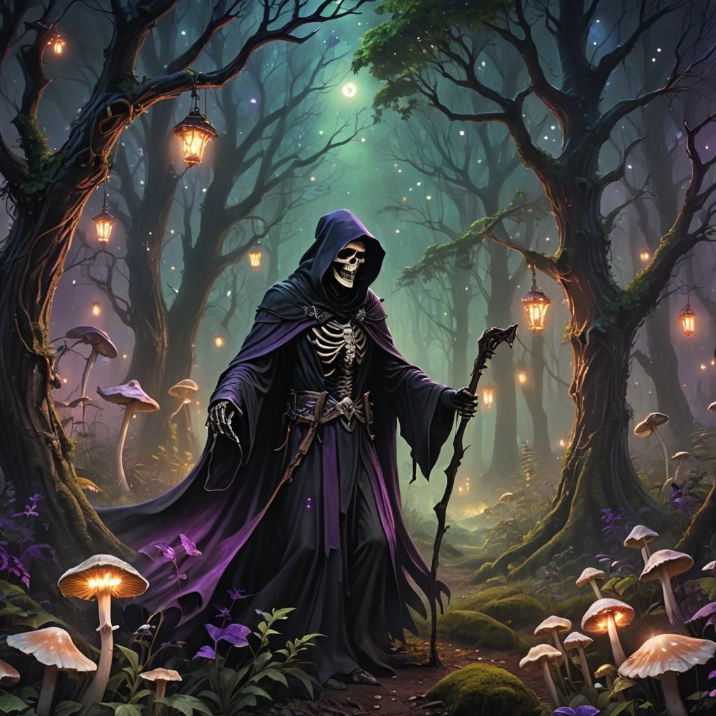 Happy Grim Reaper in Mystical Forest