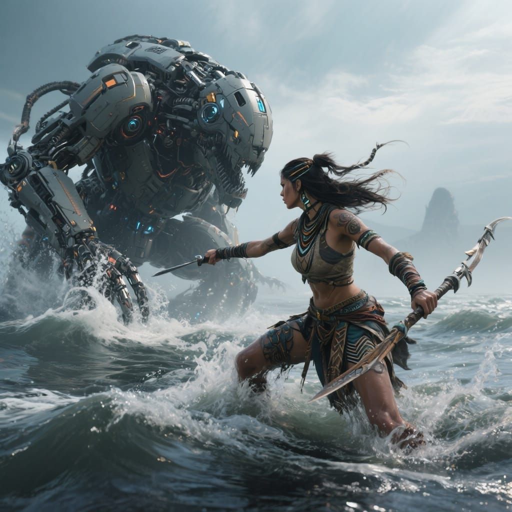 Tribal Huntress Battles Giant Biomechanical Beast