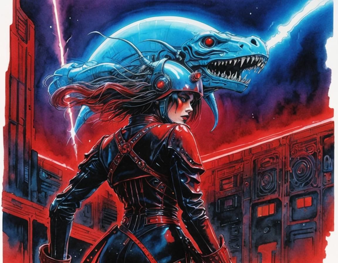 Red Leather Girl in Neon Punk Art Deco Style