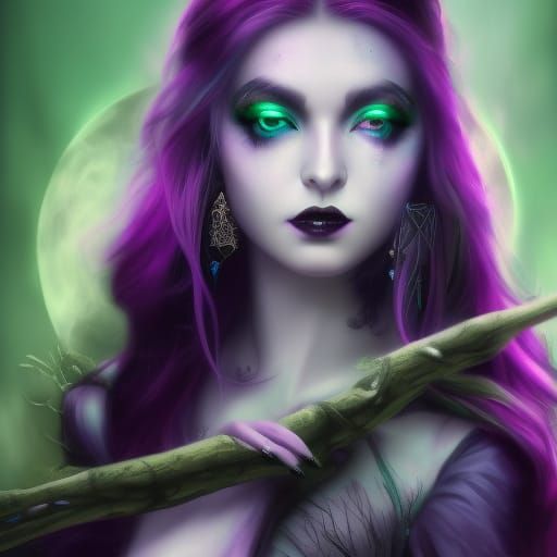 Ethereal gothic young lady with long black hair& green eyes& Multi-chrome purple,green,blue eyeshadow& black lipstick& p...