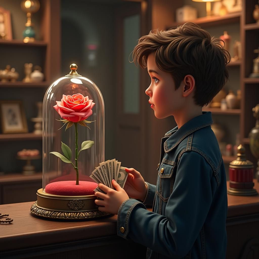 Boy and Enchanted Rose in Gift Shop