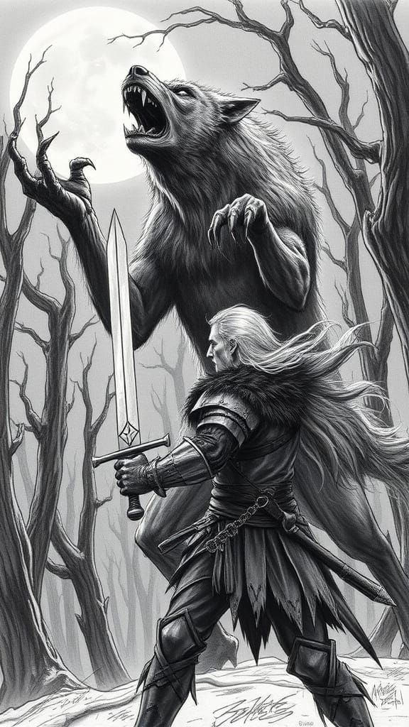 Geralt Battles a Werewolf Under a Full Moon