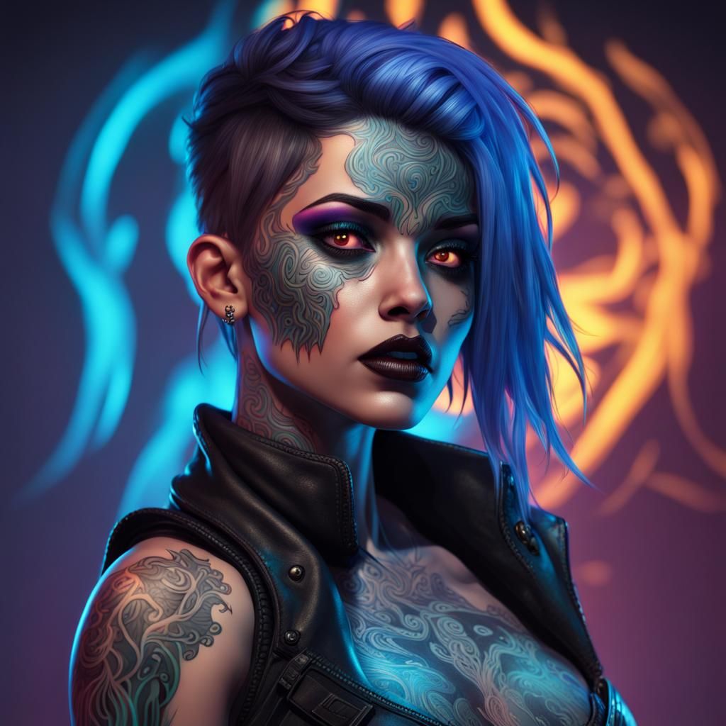 Goth Superhero with Bioluminescent Tattoos: Hyperrealistic C...