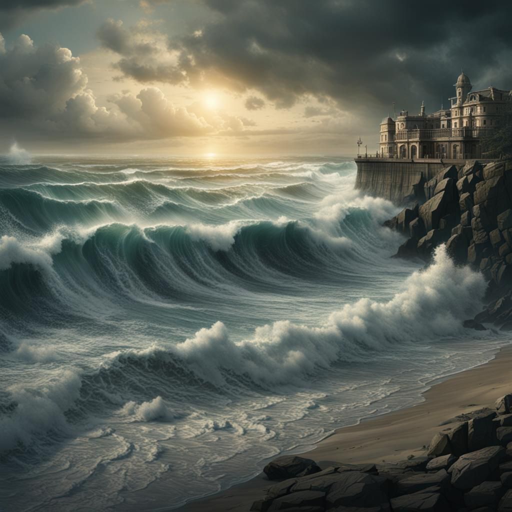 Epic Beach Scene: Rough Sea Digital Painting
