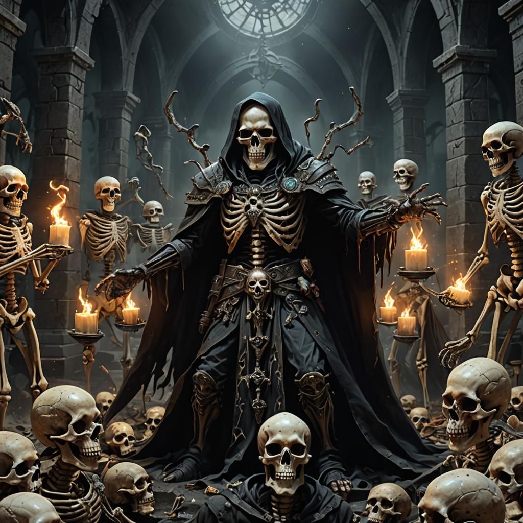 Hyperrealistic Necromancer Summons Skeletons with Magic