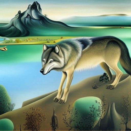 Surreal Gray Wolf in Summer Mountain Forest