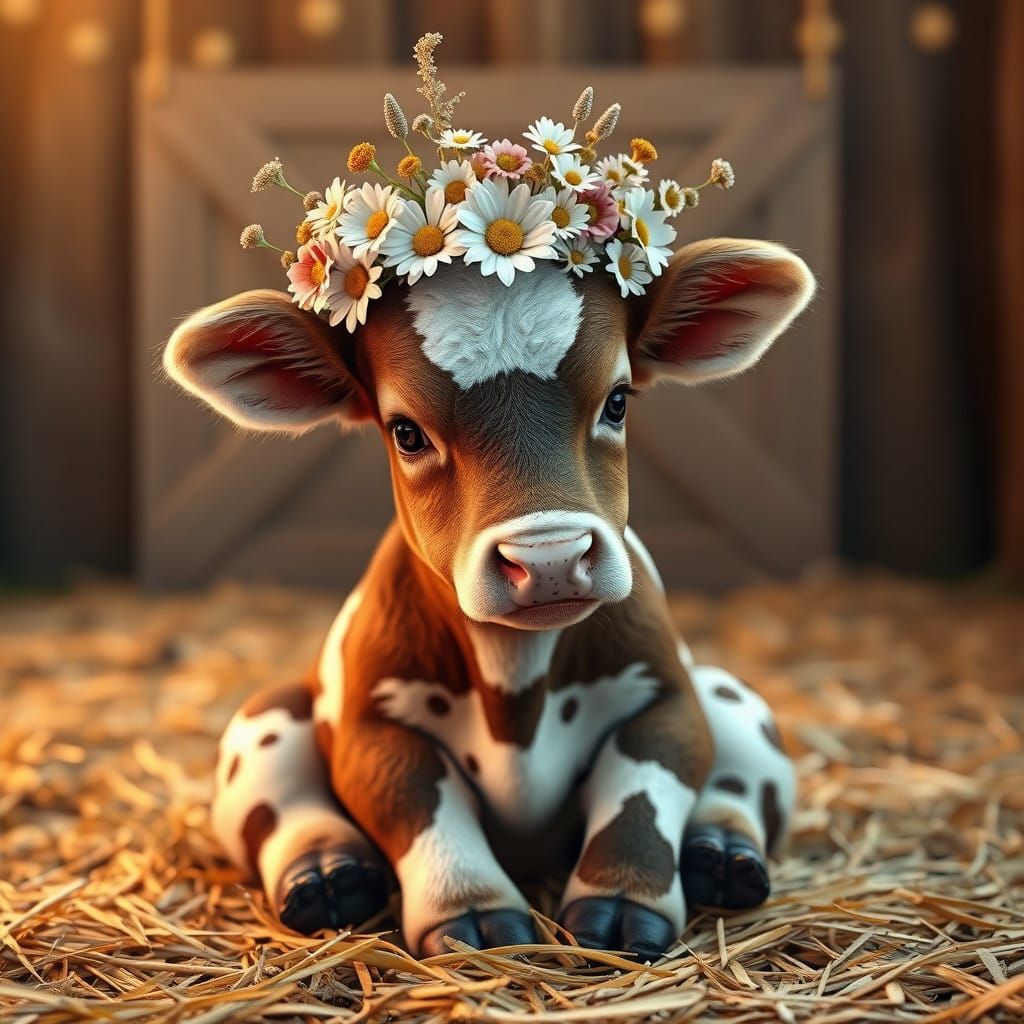 Whimsical Brown Spotted Cow with Floral Wreath in Rustic Bar...