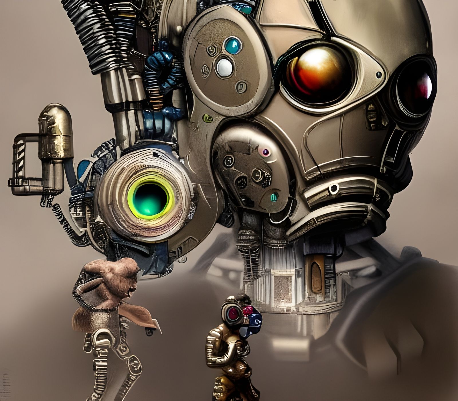 steampunk cyborg and his drone helpers.