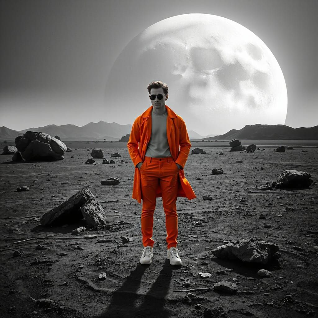 Vibrant Man in Dystopian Monochrome Landscape