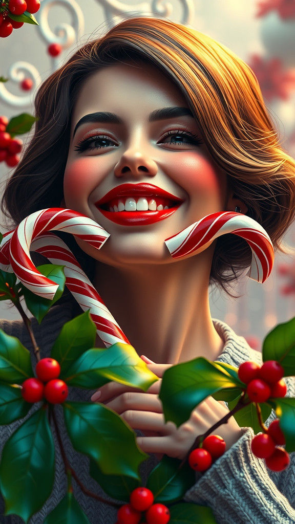 Festive Red Lips with Candy Cane in Art Nouveau Style