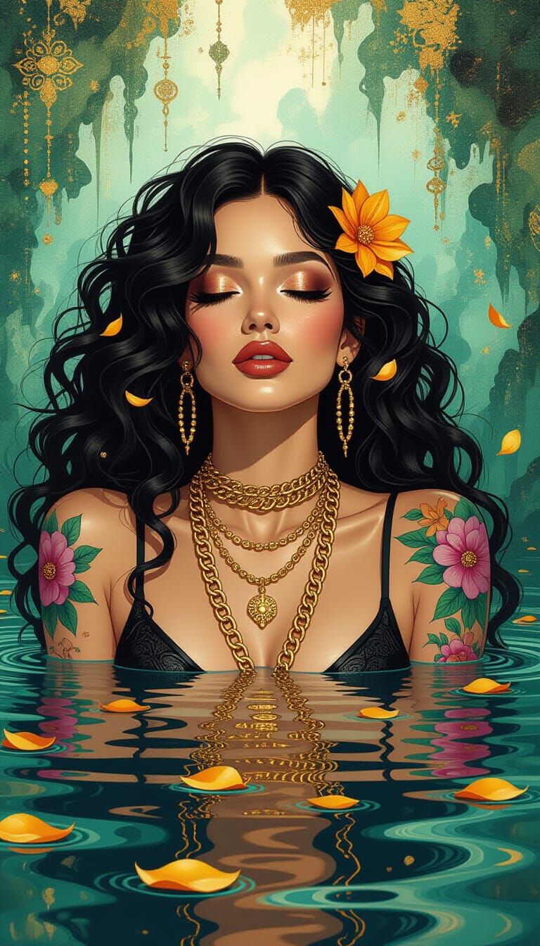 Dreamlike Pond: Woman with Floral Tattoos in Surrealist Styl...