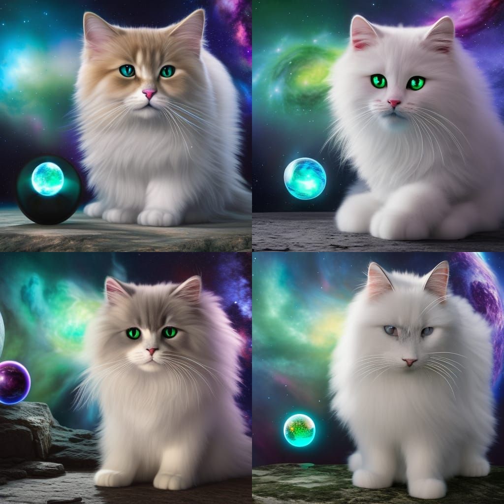 Cosmic Cat Chasing Galaxy Ball, Photorealistic Illustration