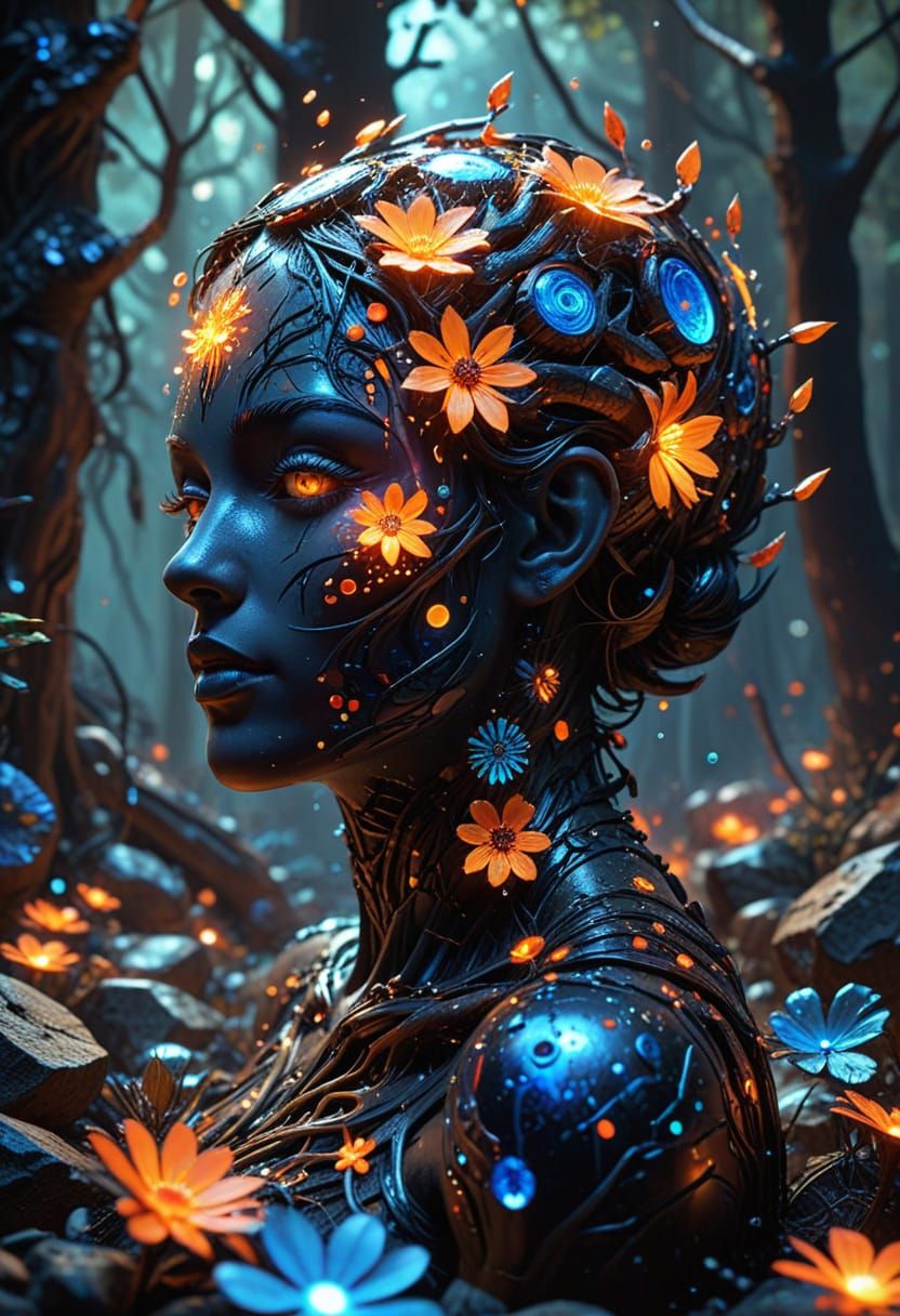 Vibrant Surreal Pop Art Forest Scene with Glowing Blooms