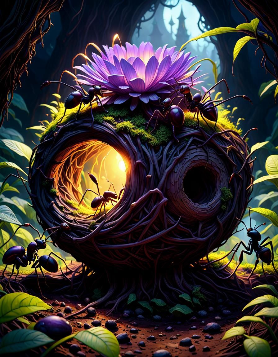 Hyperdetailed Ants Constructing Nest in Dark Fantasy Style