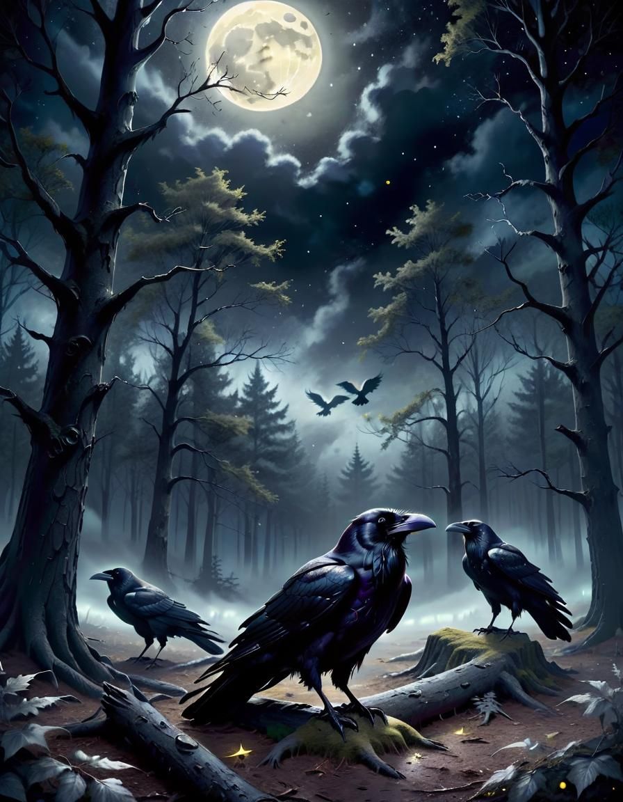 Atmospheric Ravens Watching in Dark Forest
