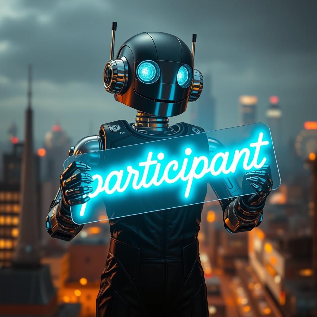 Retro-Futuristic Robot Holding Neon Sign in Cityscape