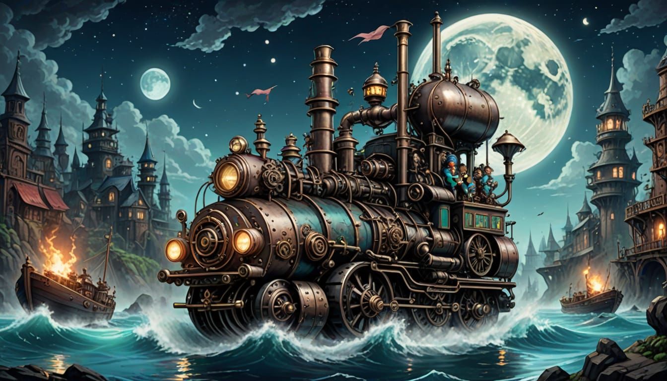 Steampunk Mermaid Chibi Under the Cerulean Moon