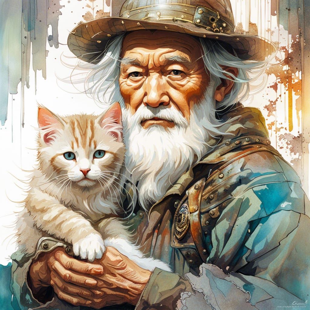 Old Man and Kitten in Dreamlike Style