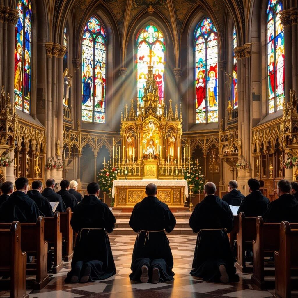 Diverse Monks Kneeling in Gothic Church, Golden Tabernacle