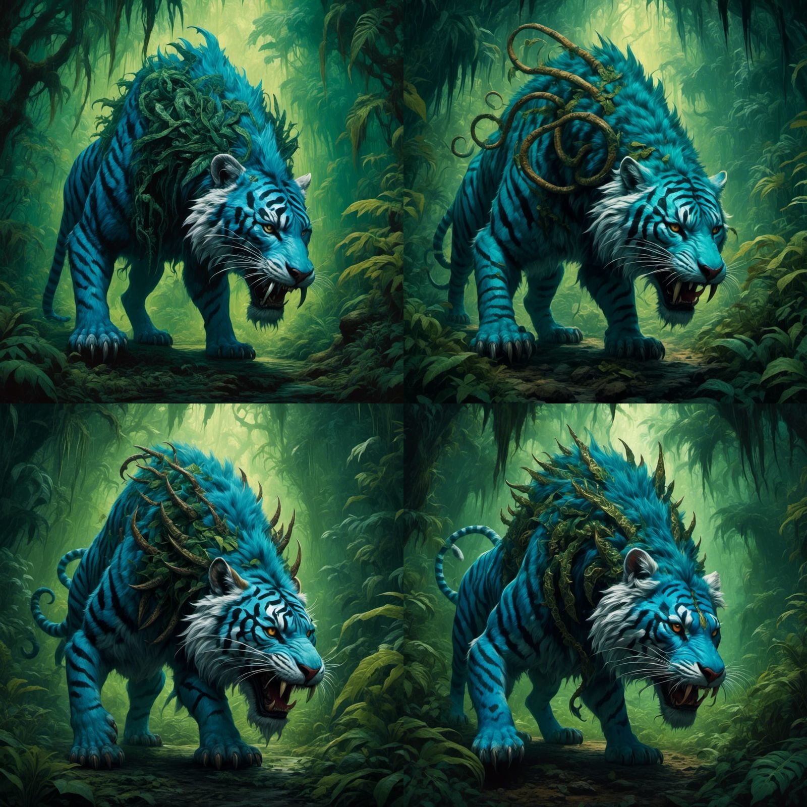 Icy Blue Sabretooth Monster in Jungle Illustration