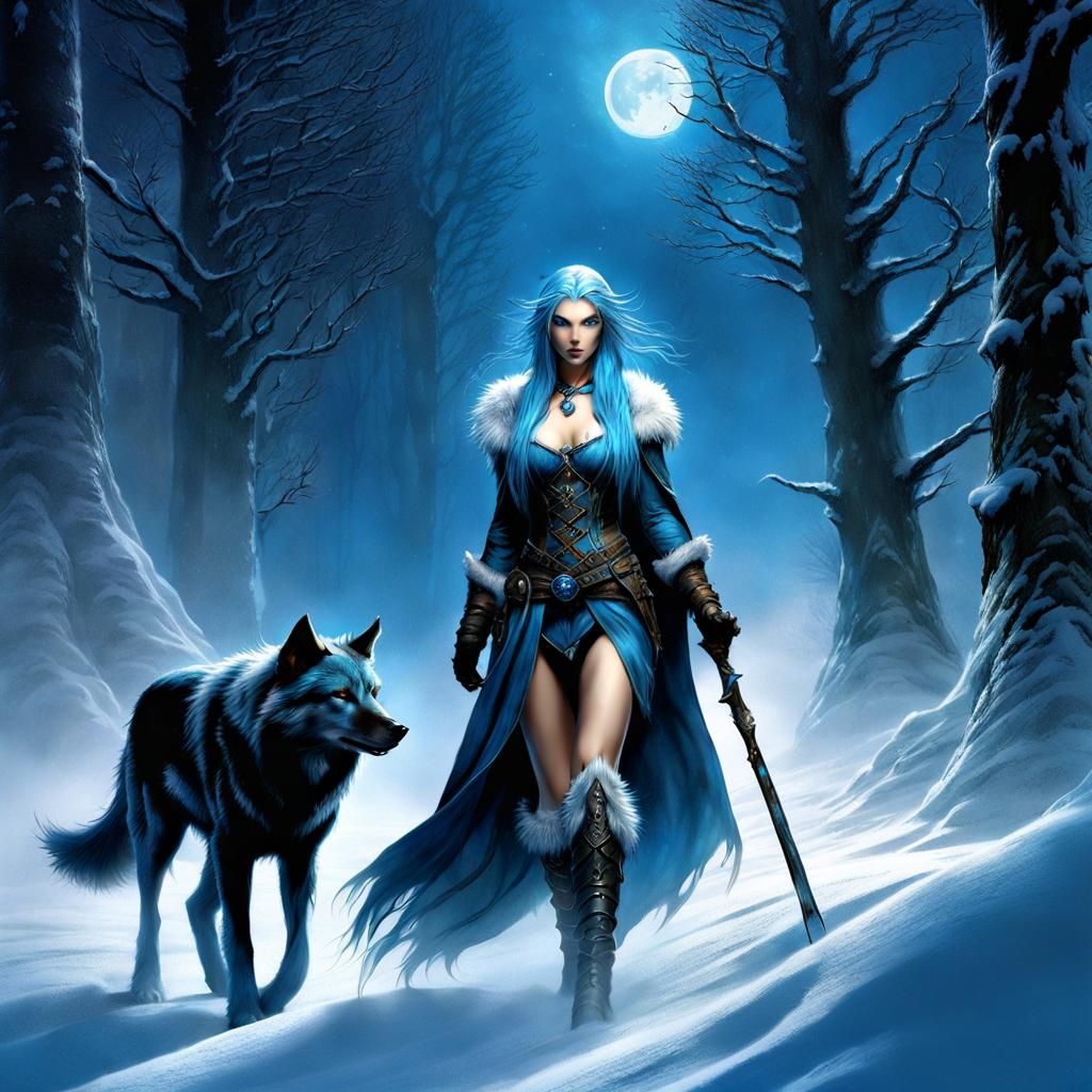 Elf Sorceress and Wolf in Snowy Landscape