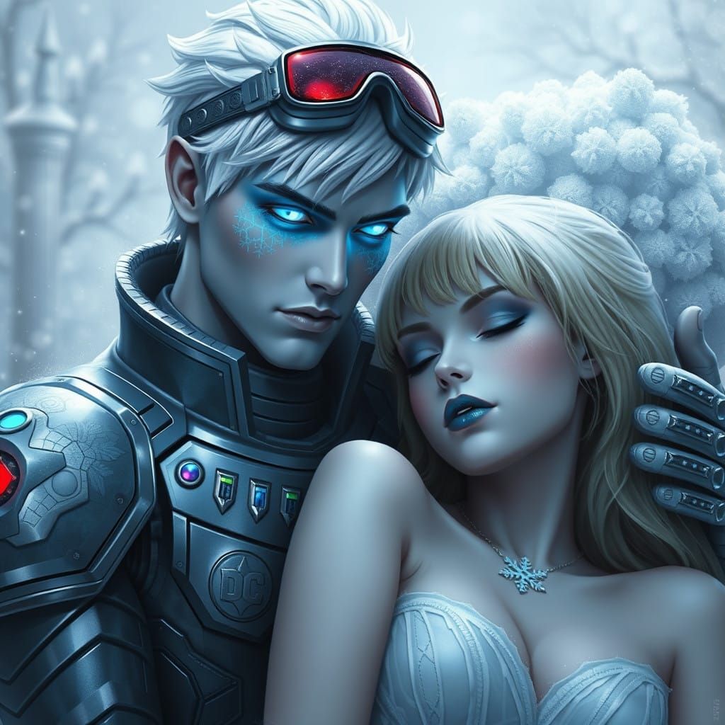 Intricate Metal Armor, Ethereal Snow Scene in Cybrid Style