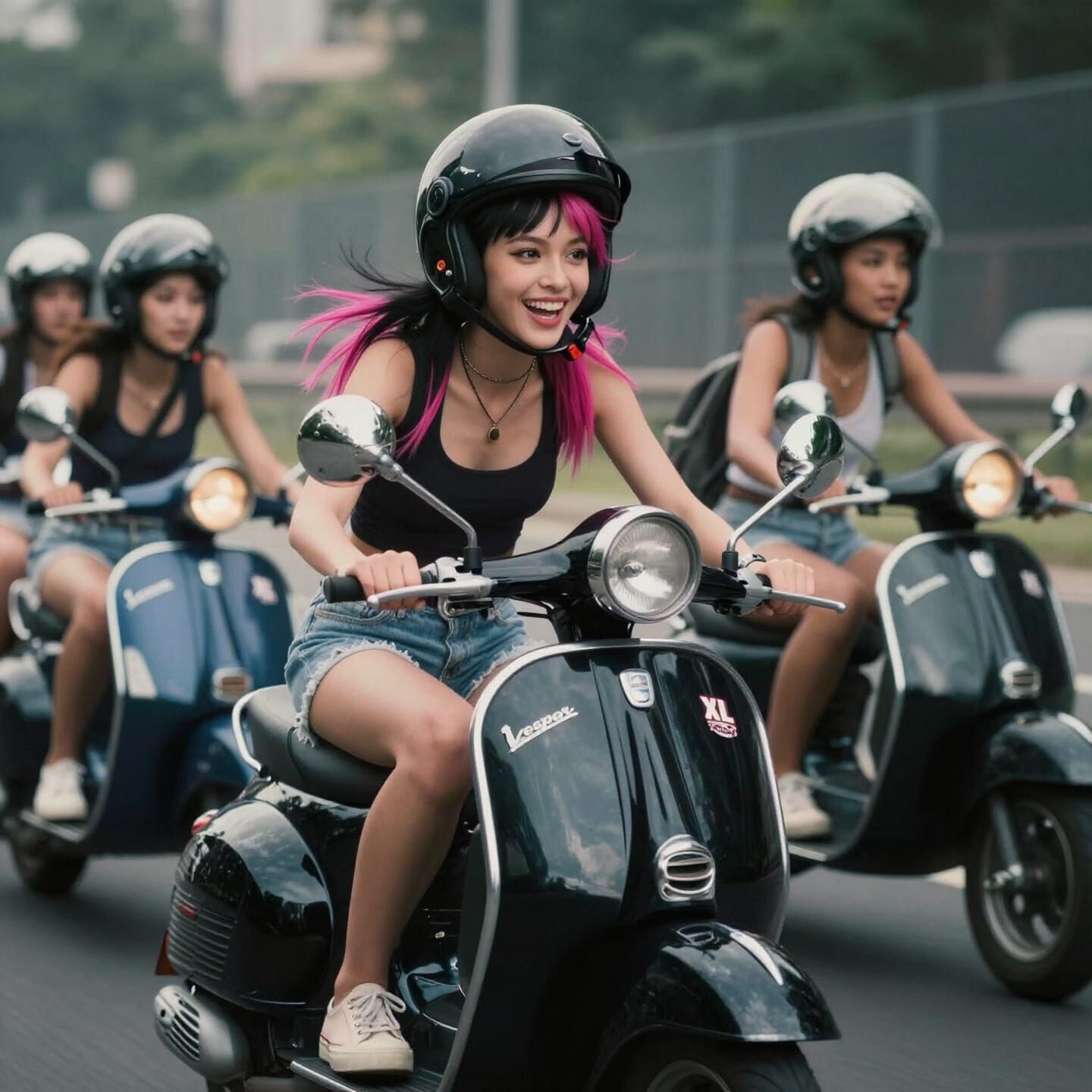 Punk Girl Rides Vespa With Friends in Cinematic Film Still