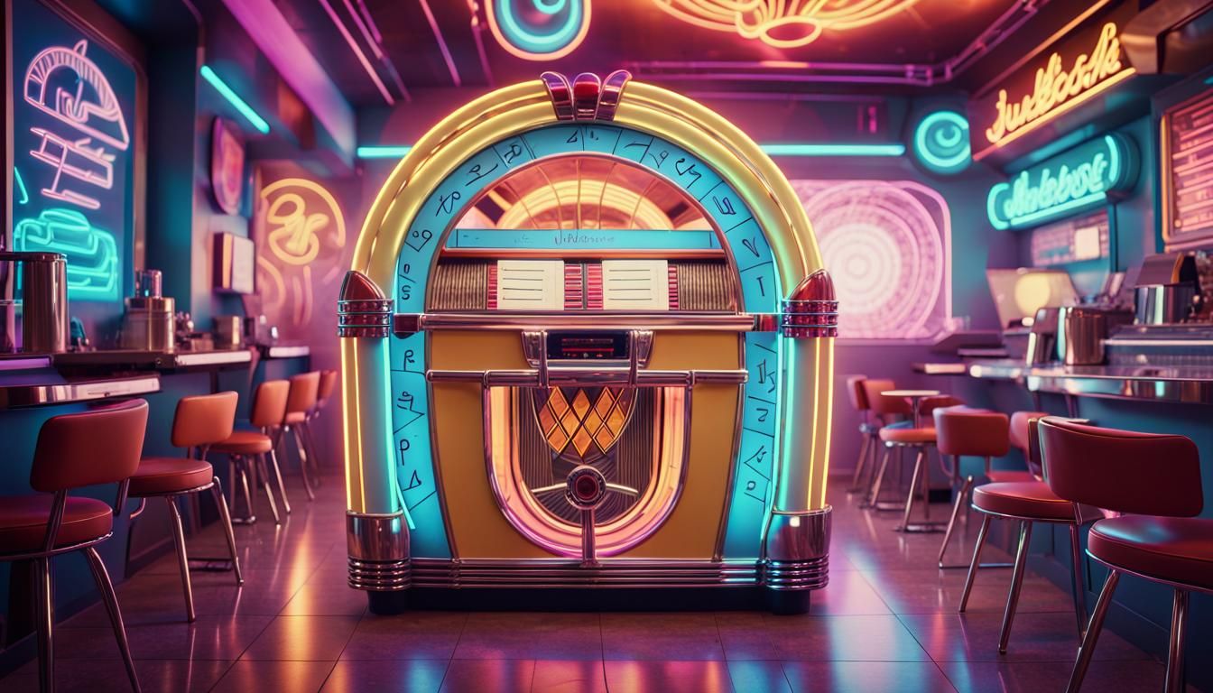 Neon Jukebox in Retro-Futuristic 1950s Cafe