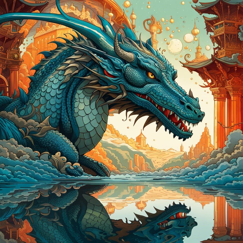 Hyperrealistic Dragon Gazing at Reflection, Digital Art