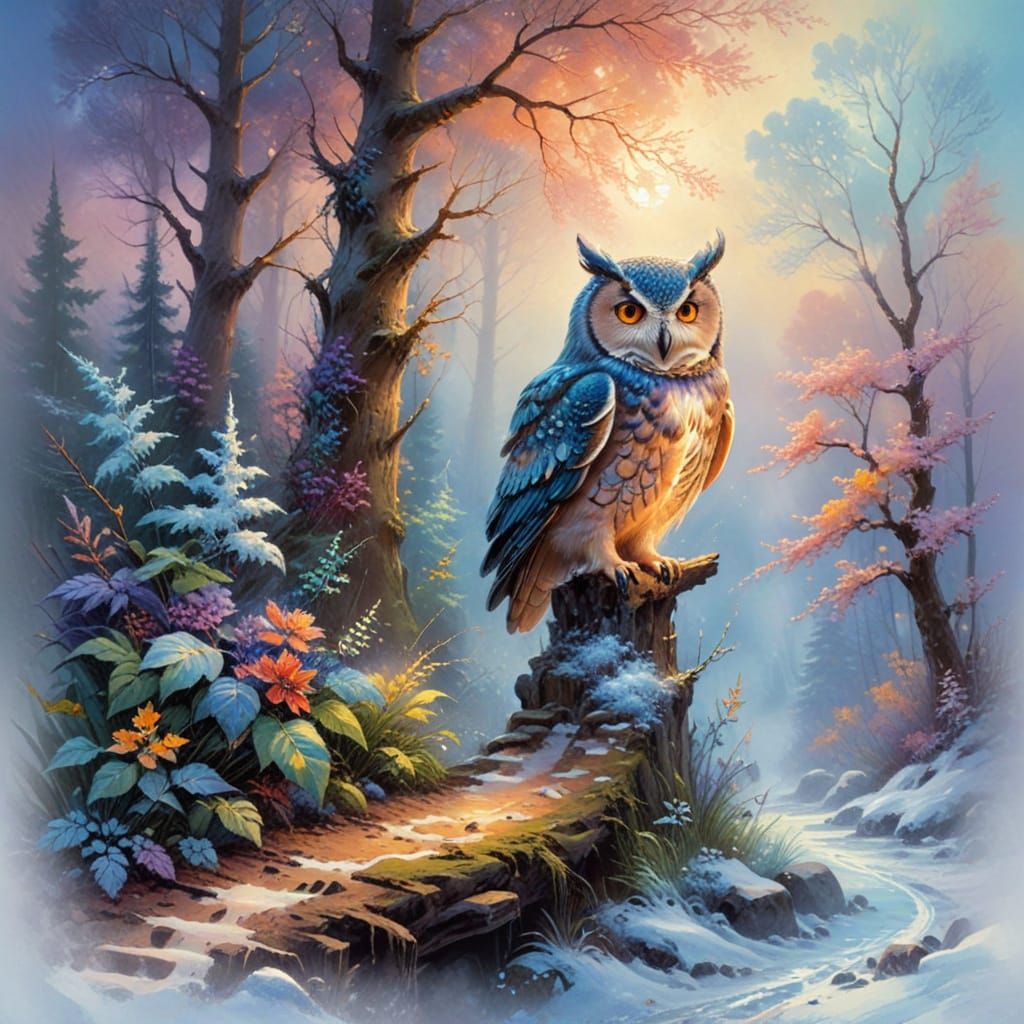 Luminous Owl in Mystical Winter Woodland: Gouache Style