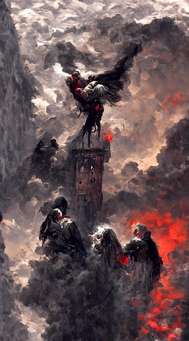 Fallen Angels Descending from Tower in Darkness