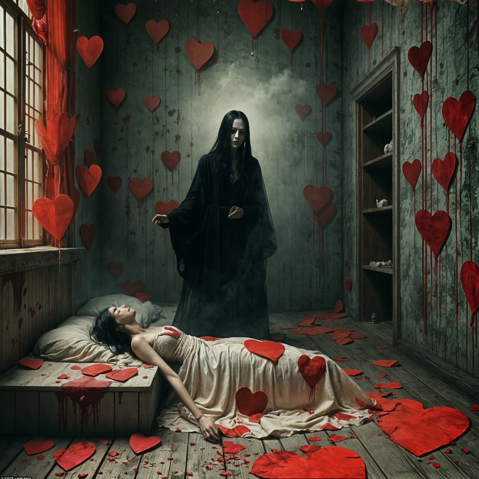 Gothic Horror Ghost Haunts Room of Crimson Hearts