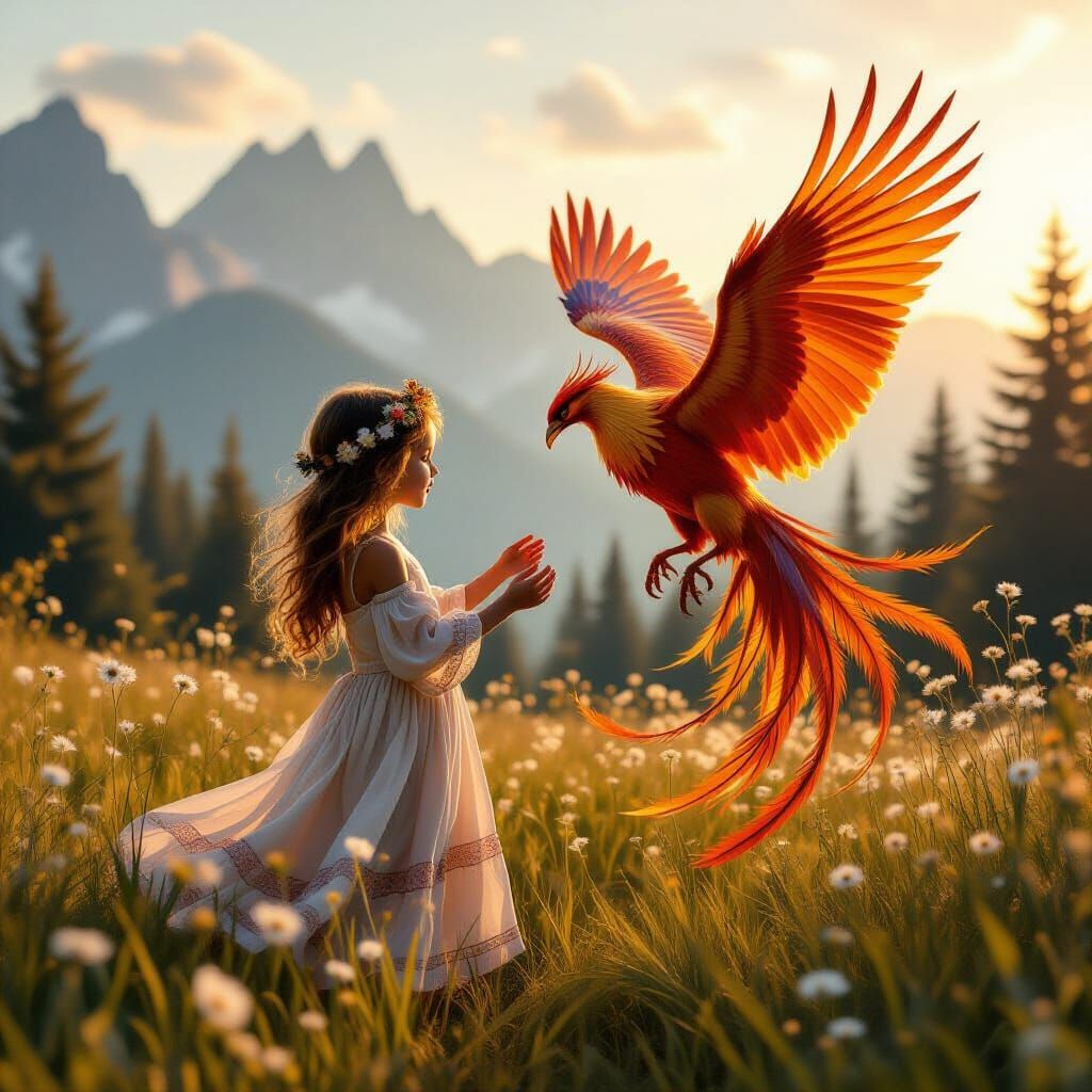 Girl and Phoenix in Golden Hour Light