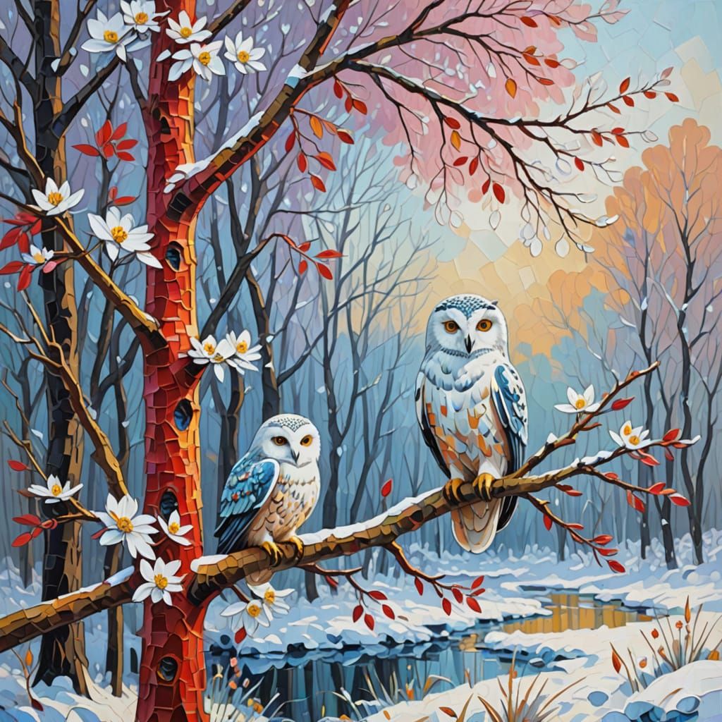 Snow Owl in Autumn Forest: an Expressionist Oil Painting