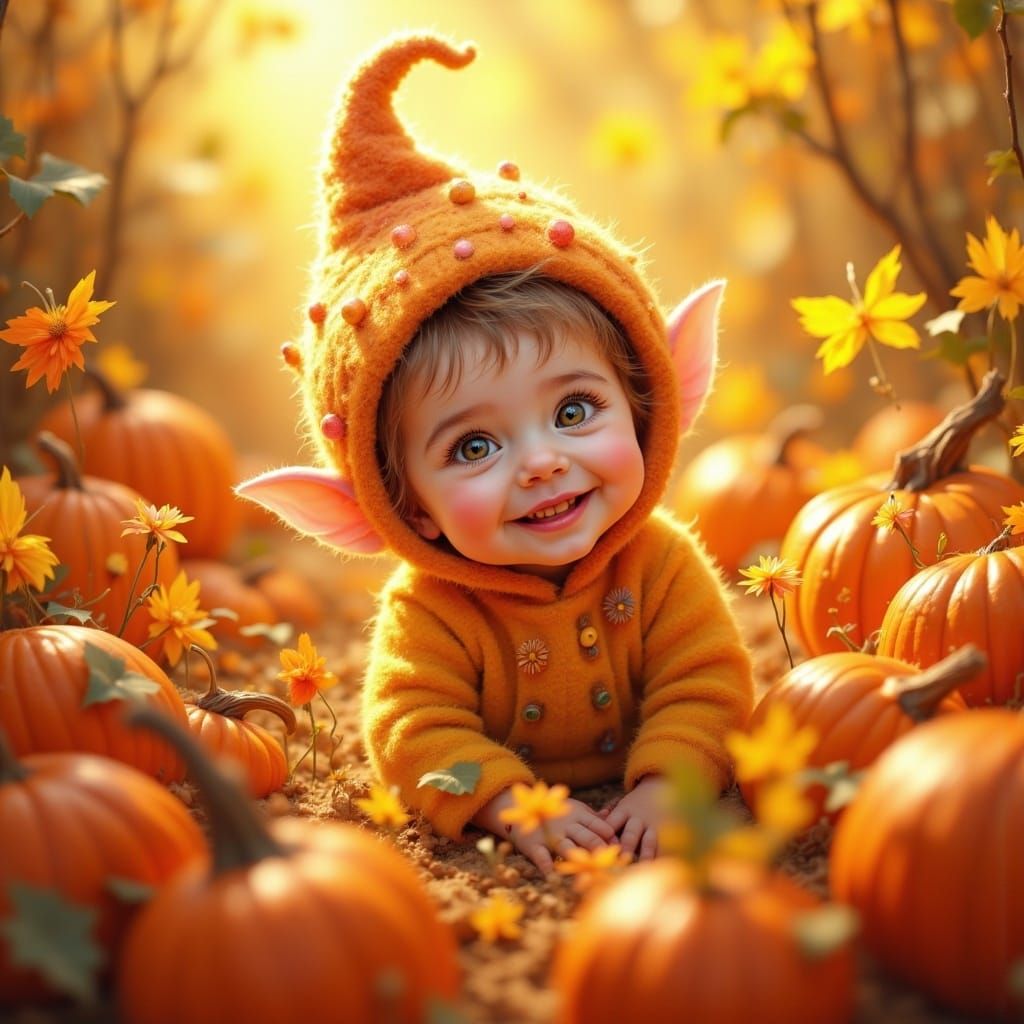 Adorable Baby Elf in Pumpkin Patch, Oil Pastel Art