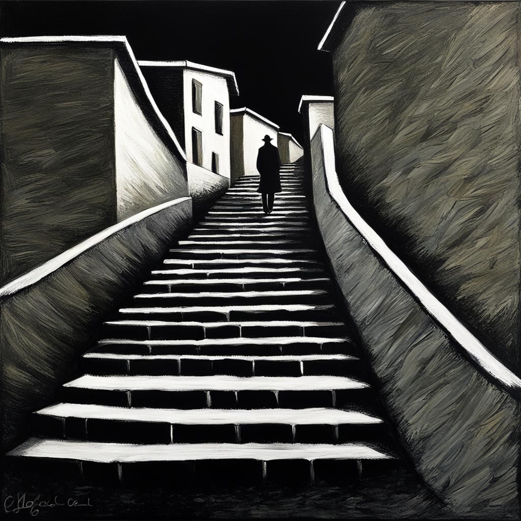 Steep Stairs at Night: Expressionist Oil Painting