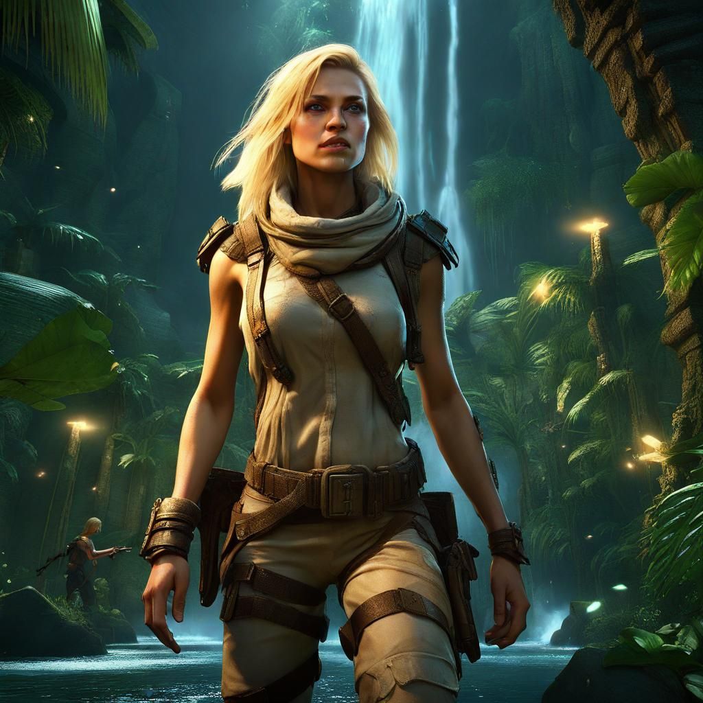 Fantasy Explorer in Jungle Temple Ruins at Night