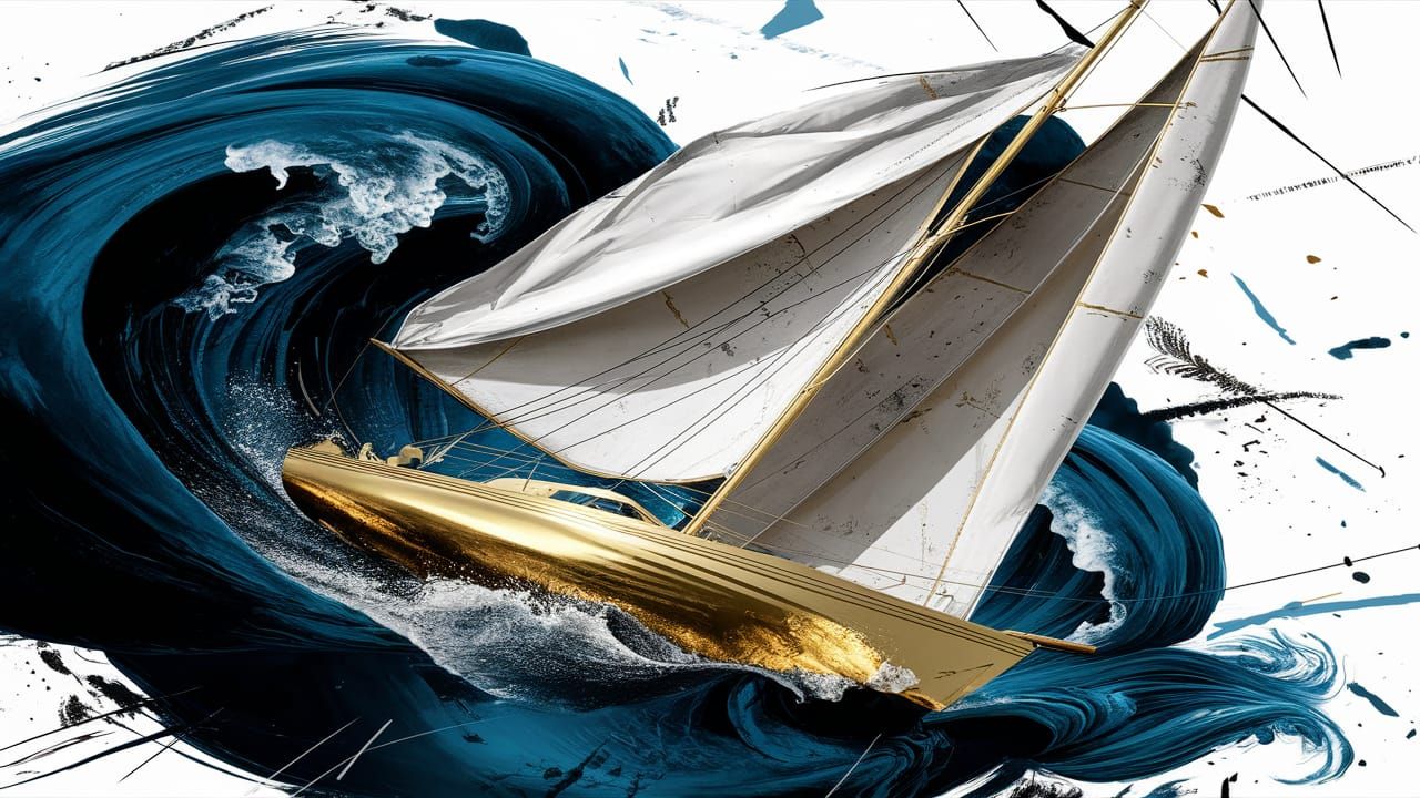 Golden Sailboat in Storm: Digital Ink Illustration