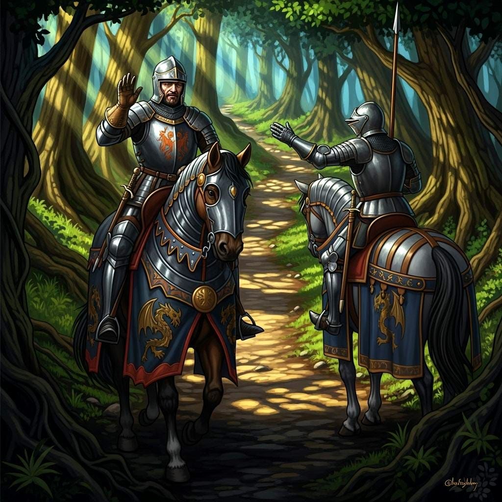 Knights Greeting in Forest: Anne Stokes Style