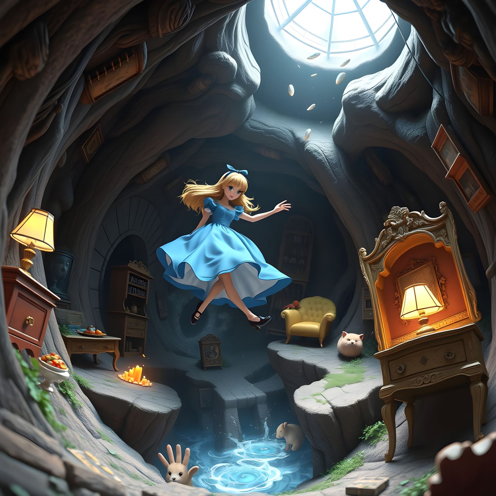 Alice Falls Down the Rabbit Hole with Floating Furniture and...