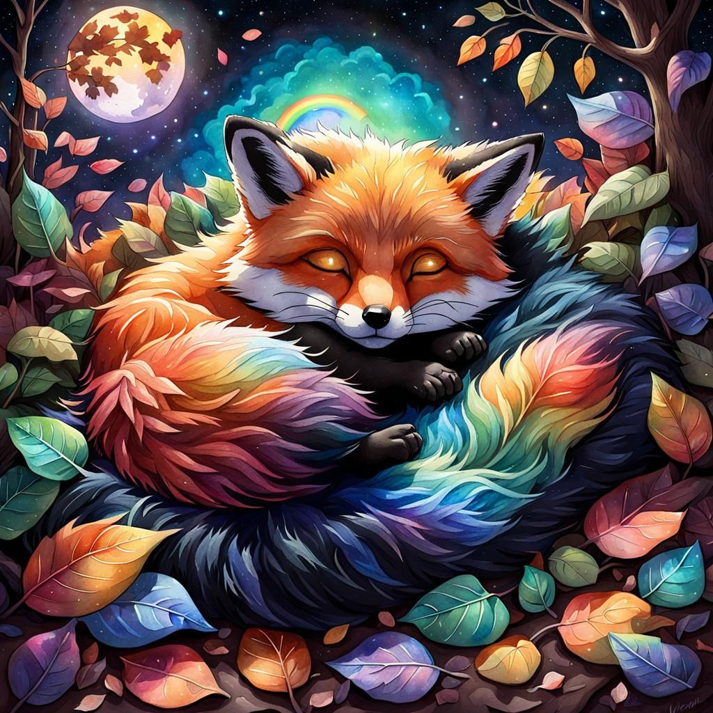 Watercolor of Sleeping Rainbow Baby Fox