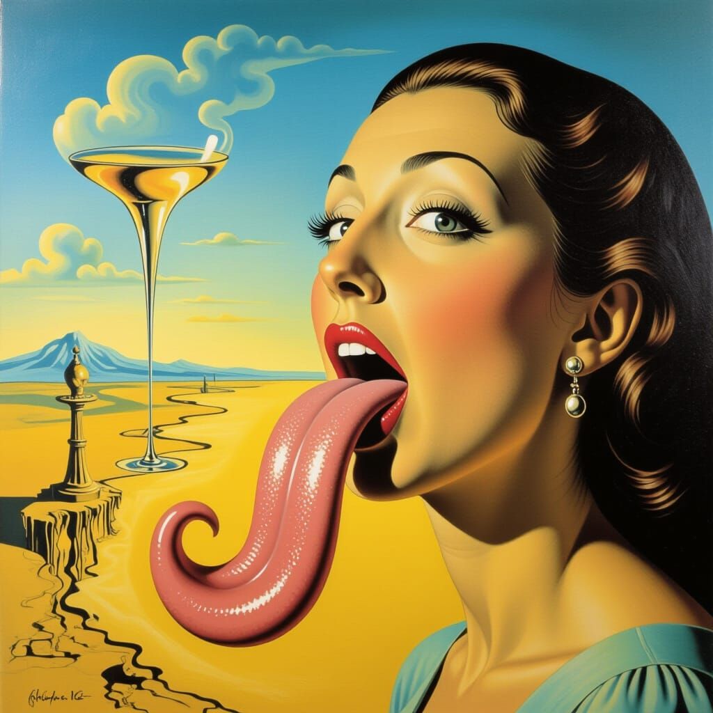 Surreal Woman With Long Tongue Burping, Dali Inspired