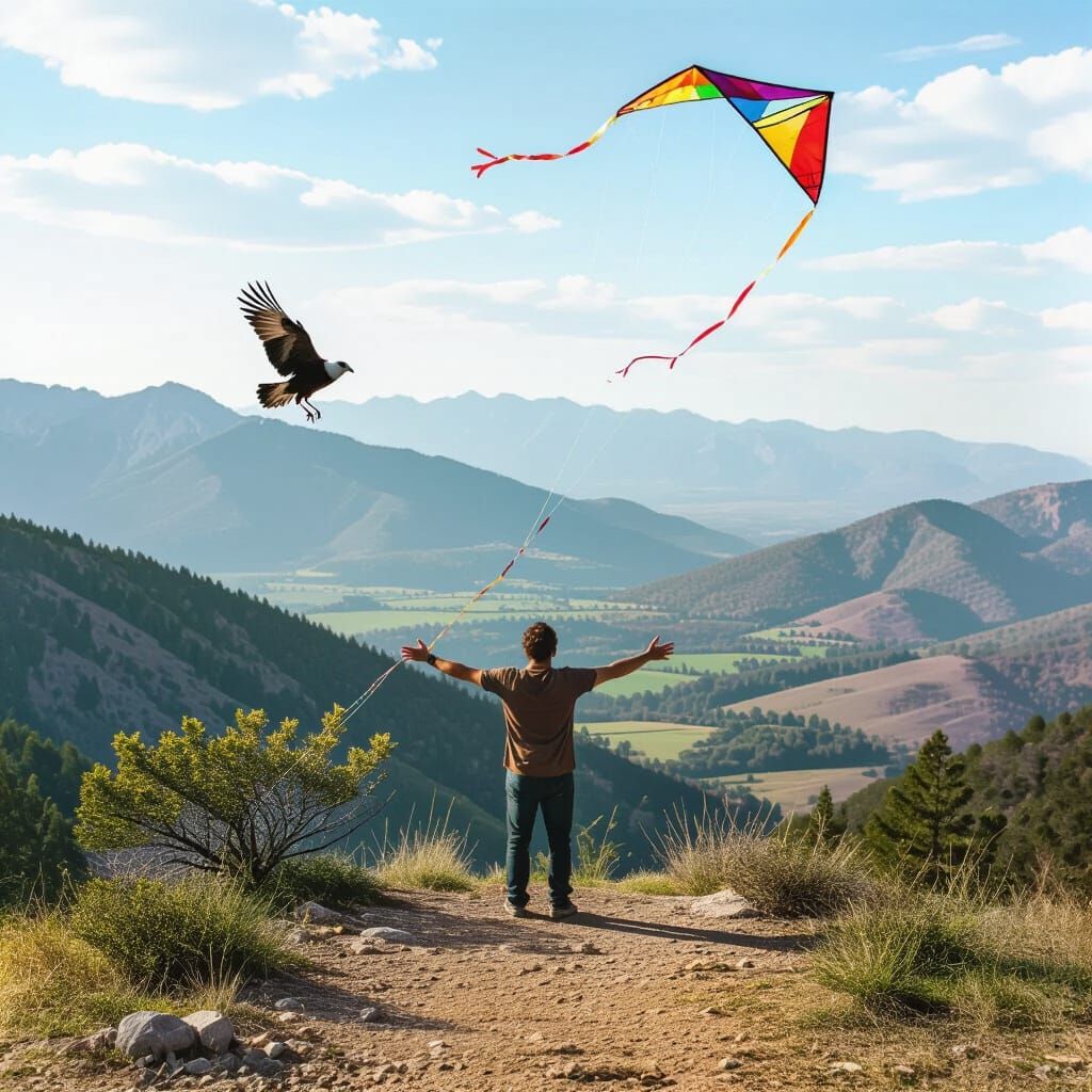 Man on Mountain Ledge with Kite and Vulture