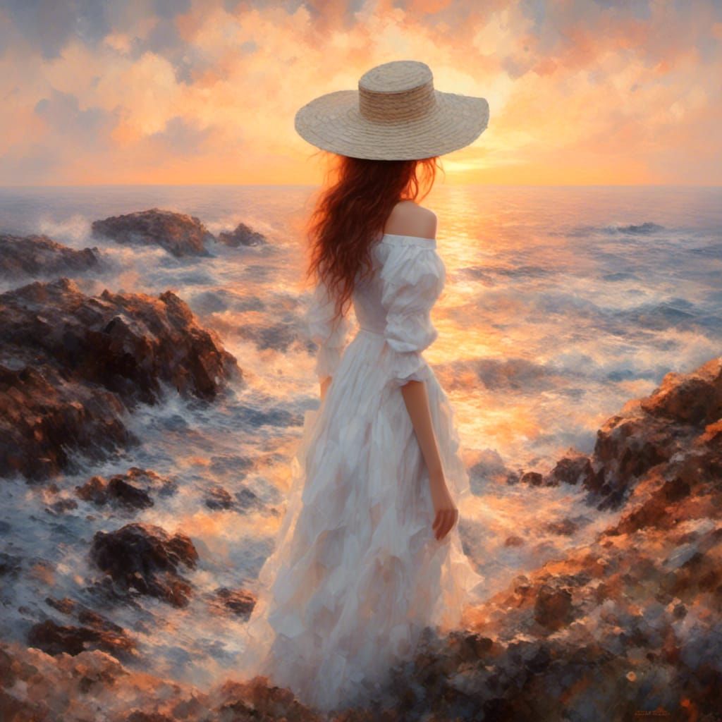 Woman Gazing at Sunset Rocks, Impressionist Oil Painting