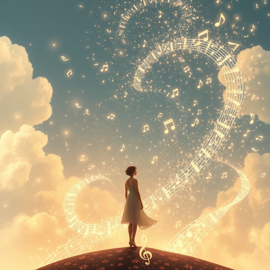 Woman Dancing in a Swirling Storm of Musical Notes