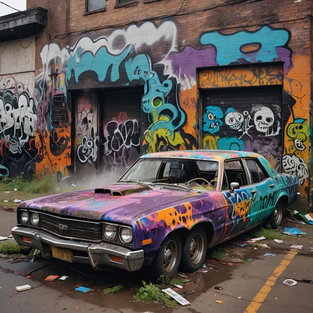 Crashed Cars with Ghostly Forms in Graffiti Art