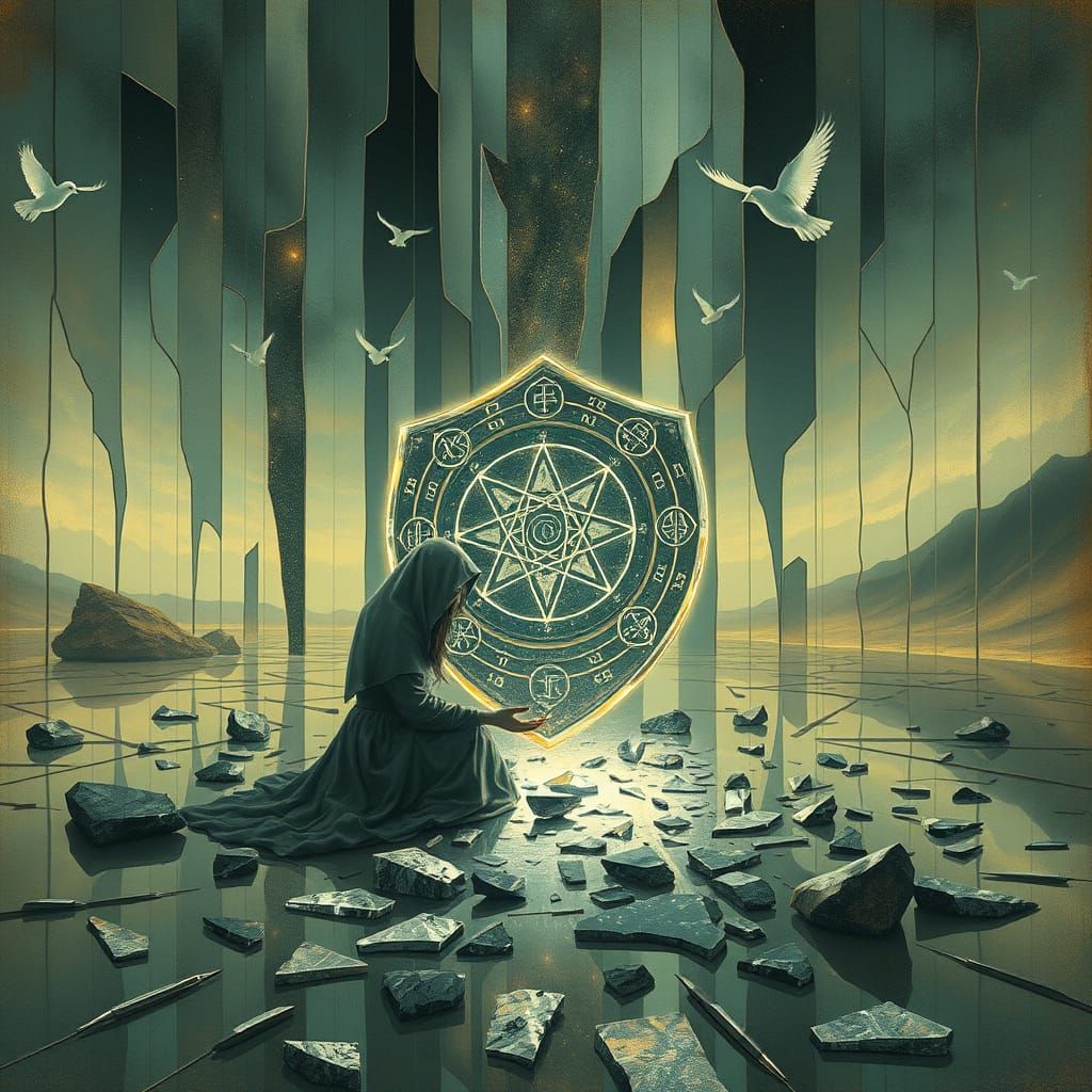 Surreal Shield Shattered in Mystical Labyrinth