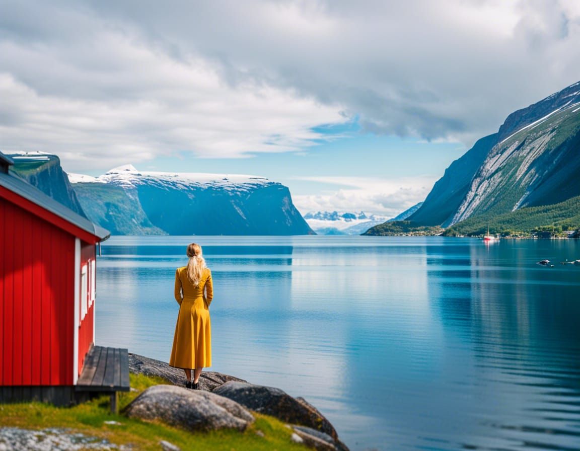 Norwegian Fjord Scene with Red House and Blonde Girl